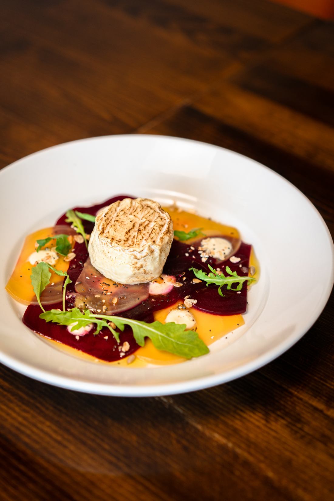 Beetroot carpaccio, walnut granola, horseradish, goat’s cheese and vino cotto at Edie’s restaurant