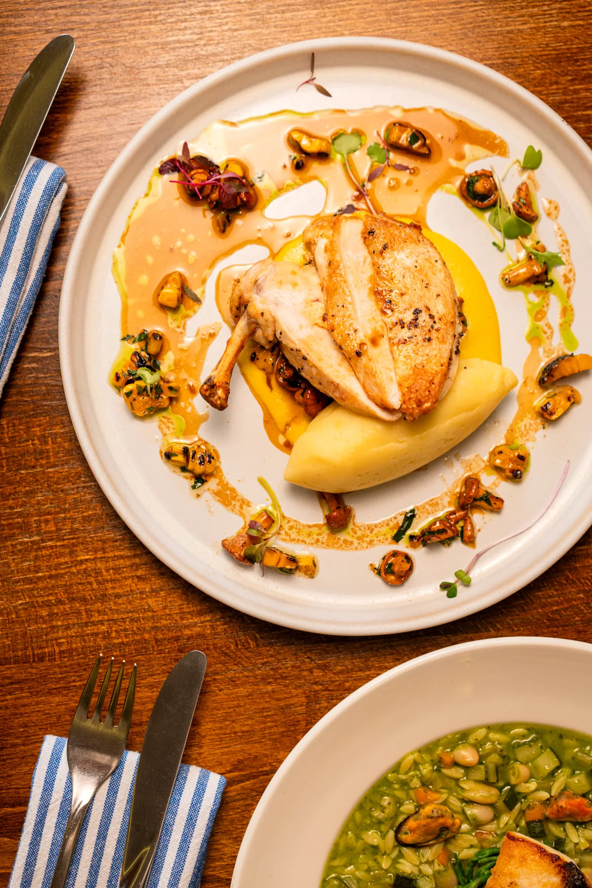 Chicken breast with charred corn, girolles, tarragon and creamy mash at Edie's restaurant