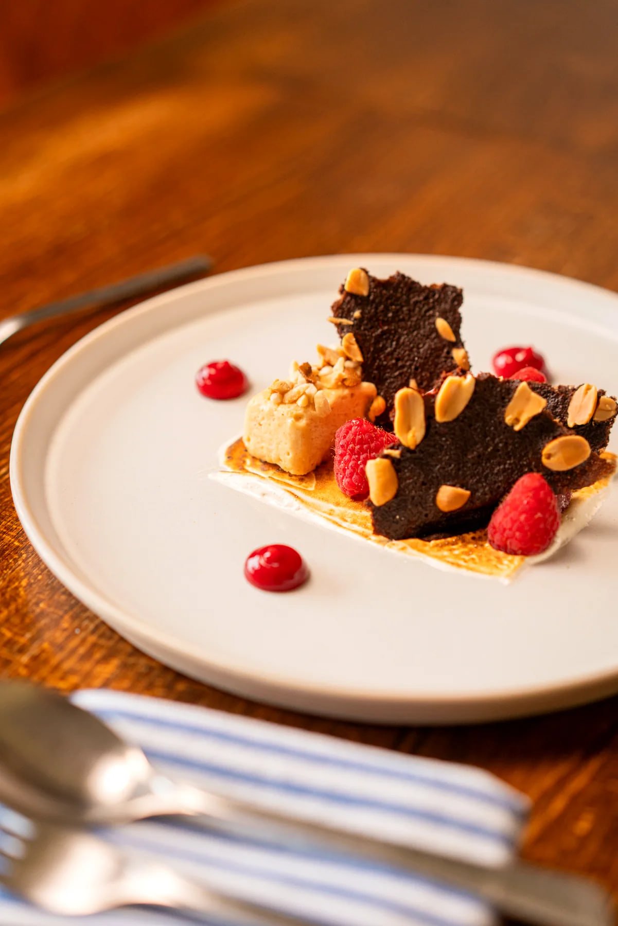 Iced peanut butter parfait, raspberry and peanut tuile at Edie's restaurant